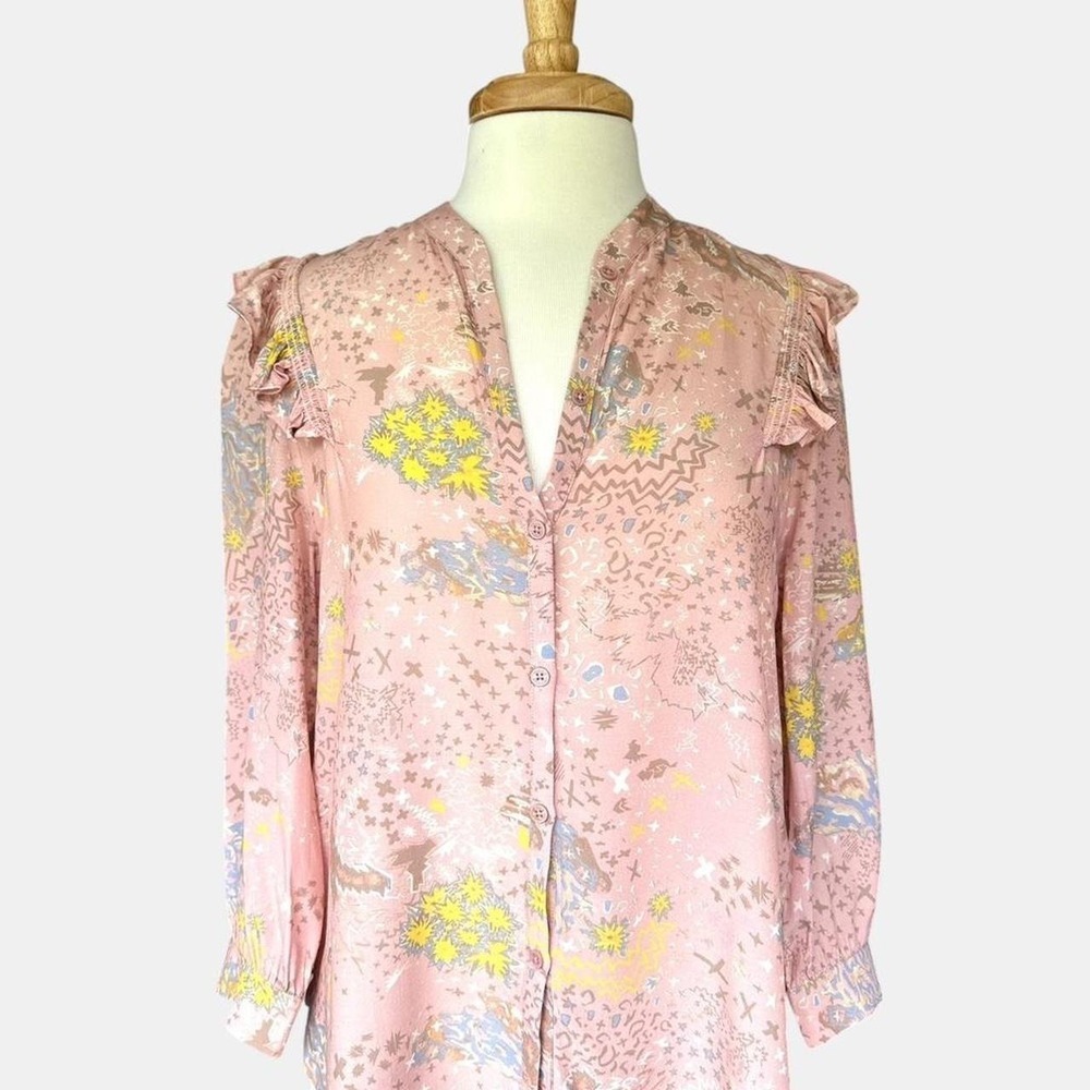 Zadig & Voltaire Tygg Print Glam Rock Ruffle Blouse Pink Silk Feel Paris Chic S